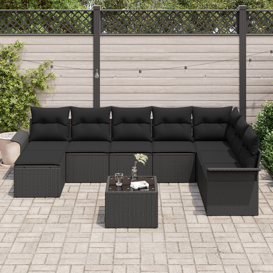 9-Delige Tuin Sofa Set Met Kussens Zwart Poly Rattan