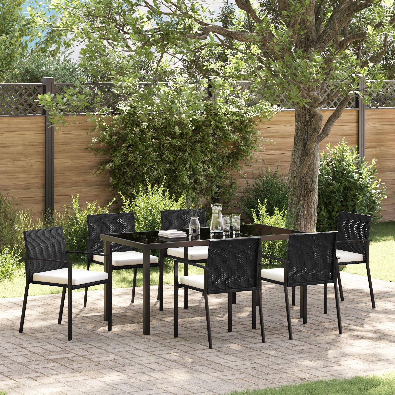 7-Delige Tuin Eetset Zwart Poly Rattan