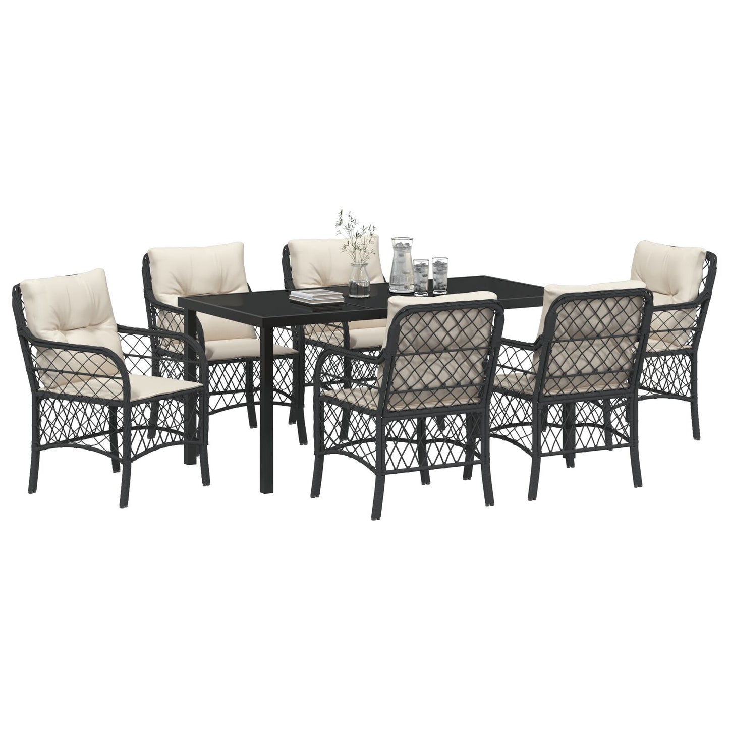 7-Delig Tuin Eetset Met Kussens Zwart Poly Rattan