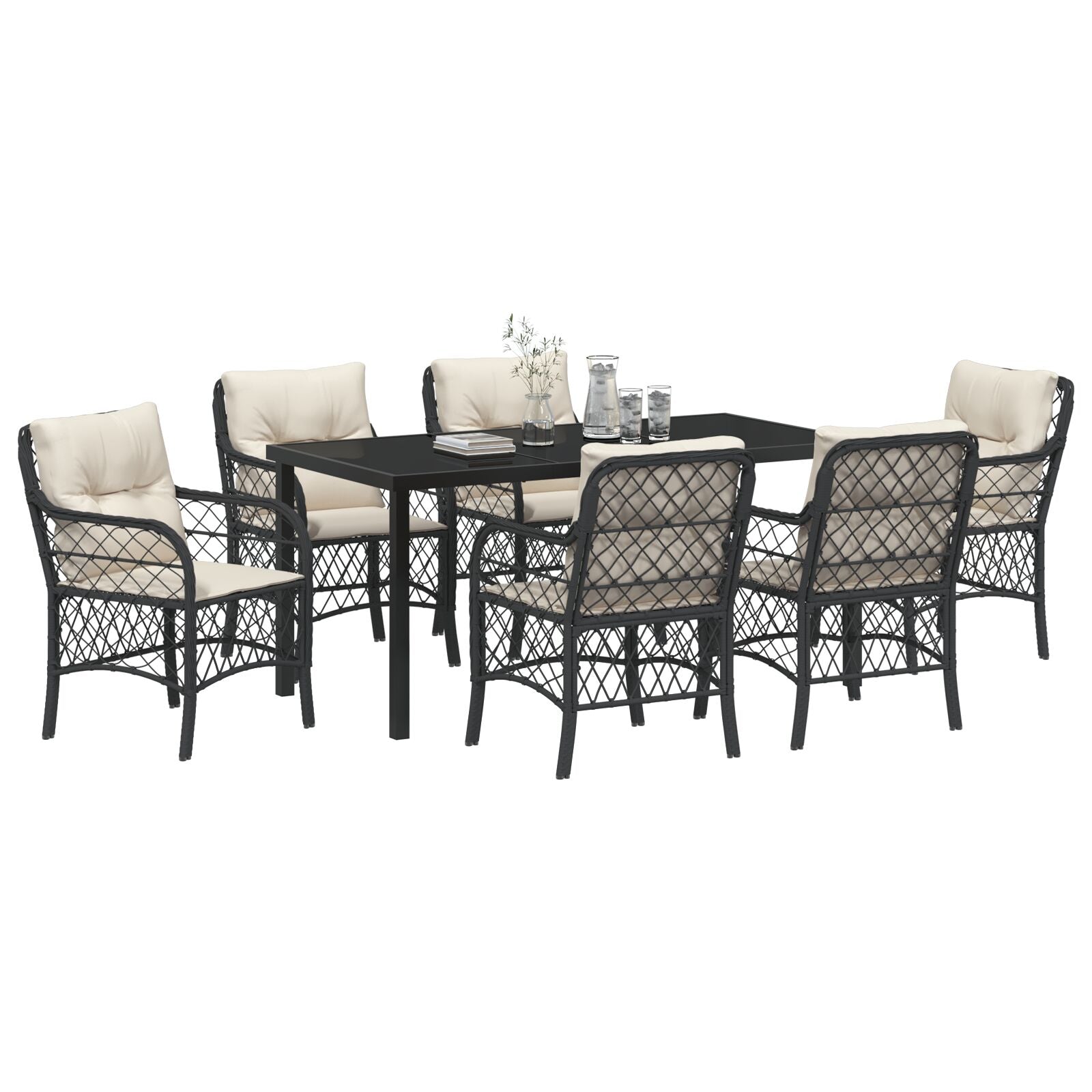 7-Delig Tuin Eetset Met Kussens Zwart Poly Rattan