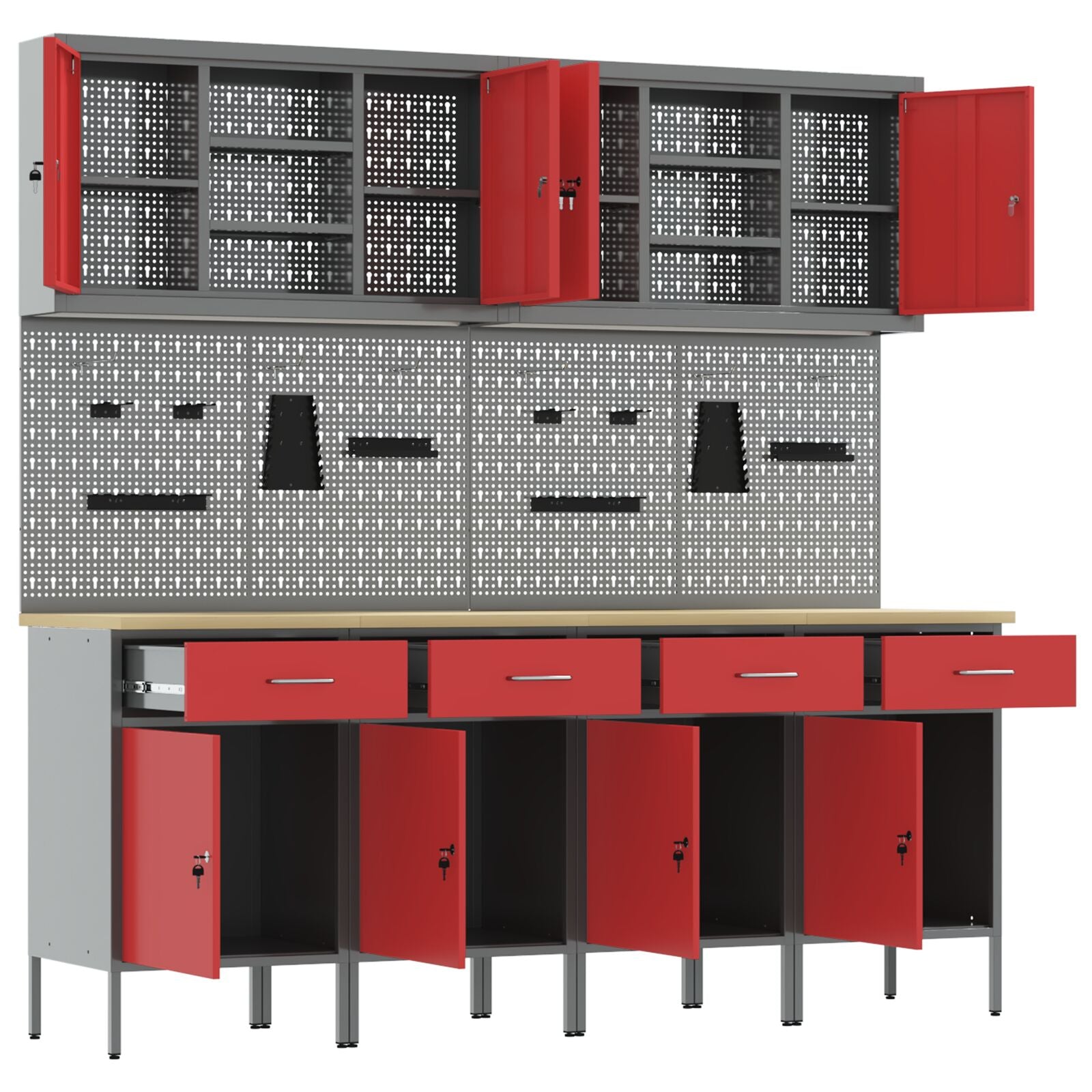 10-Delige Werkcabinet En Pegboard Set In Het Van Mdf En Metaal 4x (84 cm) Rood 6x cabinet + 6x pegboard