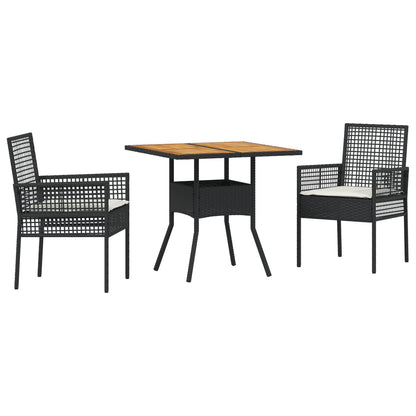 3-Delige Tuin Eetset met Kussens Zwart Poly Rattan