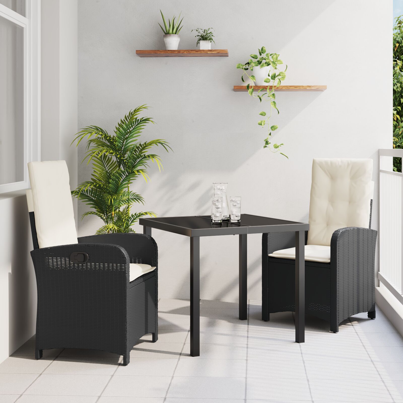 3-Delige Tuin Eetset Met Kussens Zwart Poly Riet