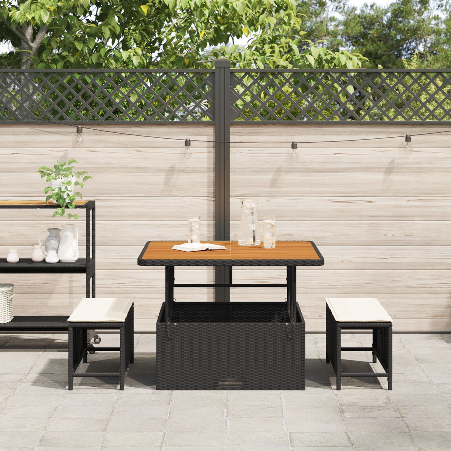 3-Delige Tuin Eettafel Set Met Kussens Poly Rattan Acacia 100 cm Zwart en crème 2 krukken