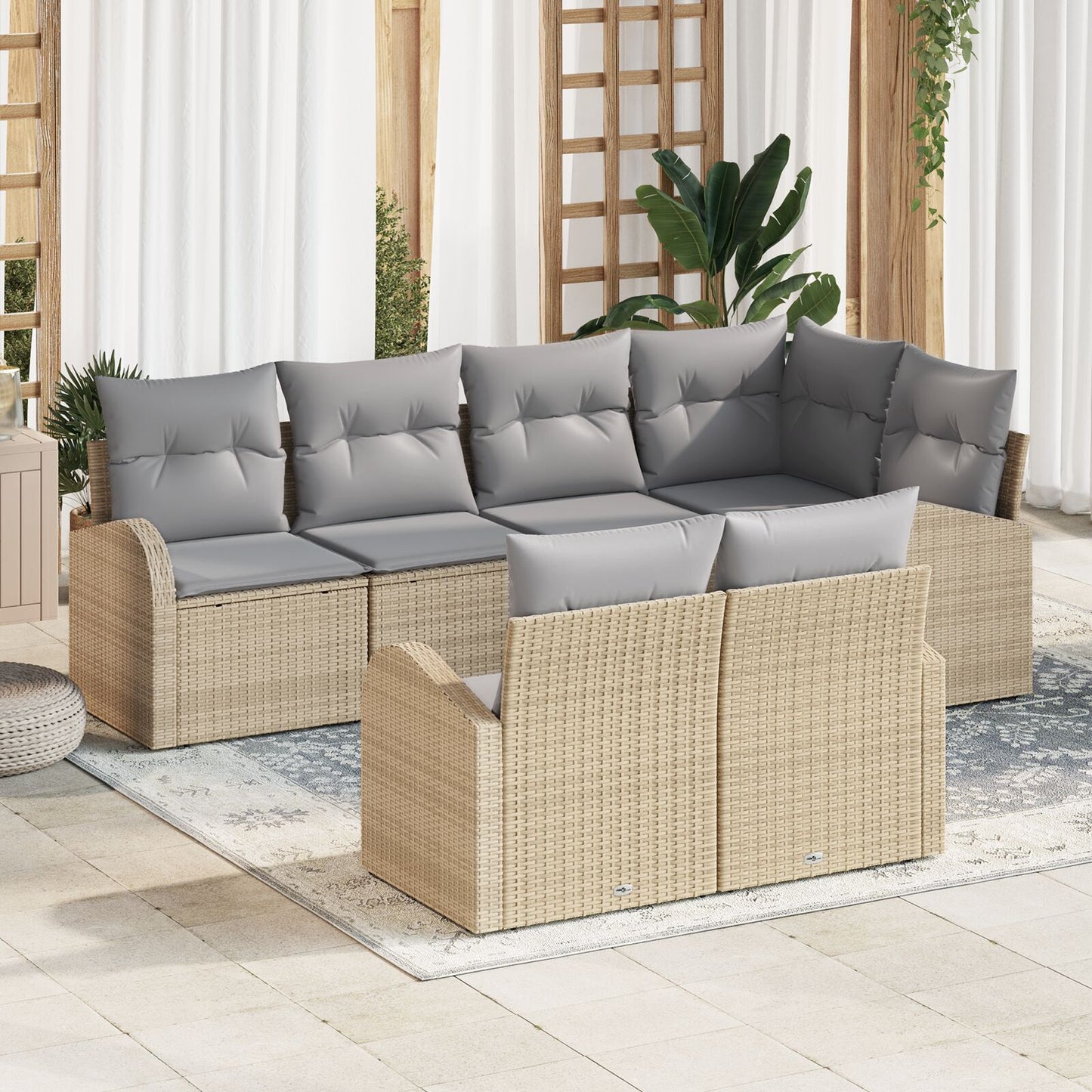 7-Delige Tuinsofa Set Met Kussens Beige Poly Rattan