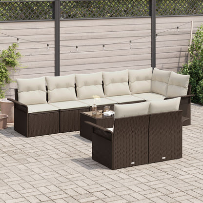 8-Delige Tuinbankset Met Kussens Grijs Poly Rattan Bruin en crème met tafel