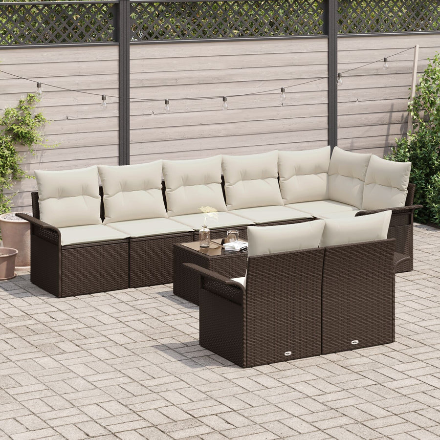 8-Delige Tuinbankset Met Kussens Grijs Poly Rattan Bruin en crème met tafel