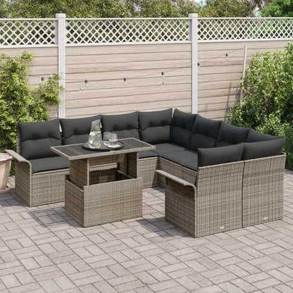 9-Delige Tuinbank Set Met Kussens Grijs Poly Rattan