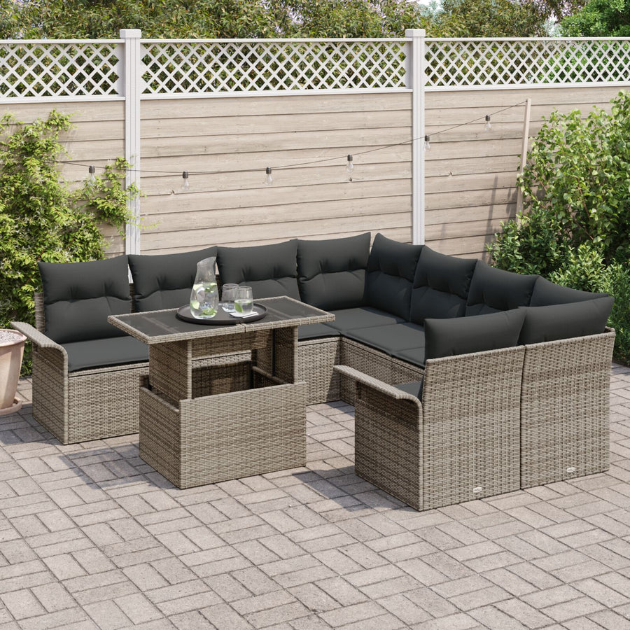 9-Delige Tuinbank Set Met Kussens Grijs Poly Rattan