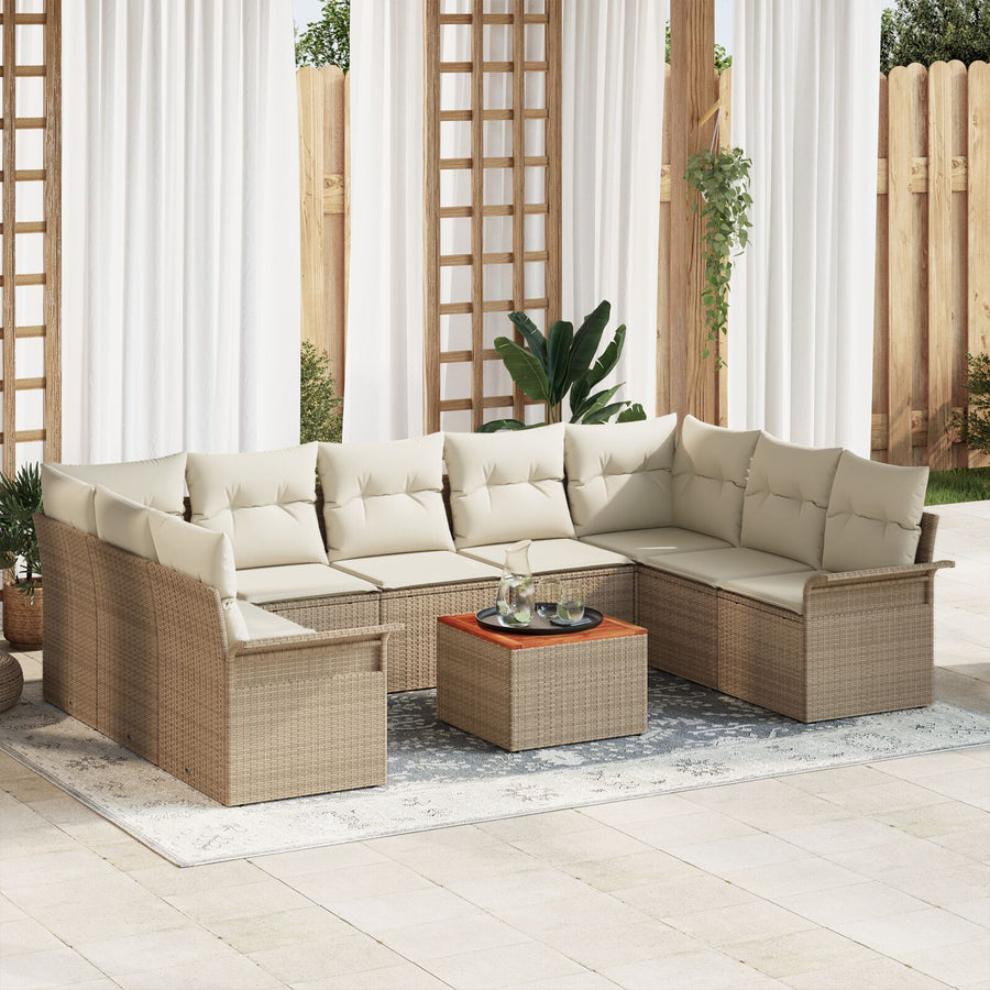 10-Delige Tuin Sofa Set Met Kussens Beige Poly Rattan Acacia