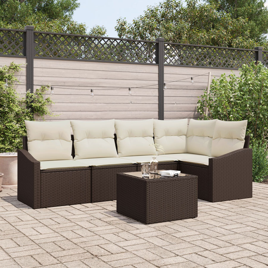 5-Delige Tuinsofa Set Met Kussens Grijs Poly Rattan Bruin en crème met tafel
