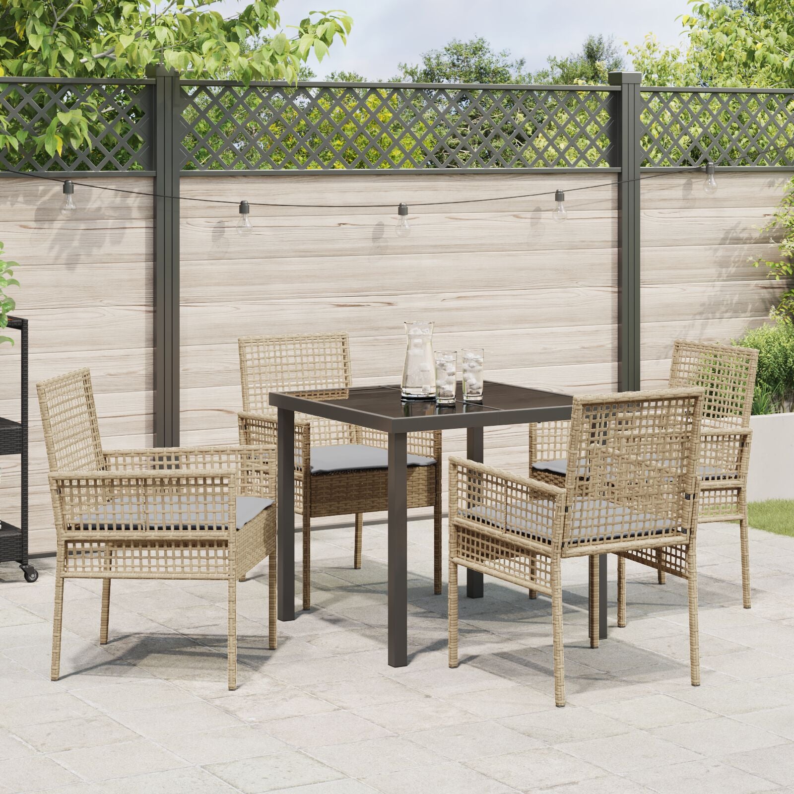 5-Delige Tuin Eettafelset Met Kussens Beige Poly Riet