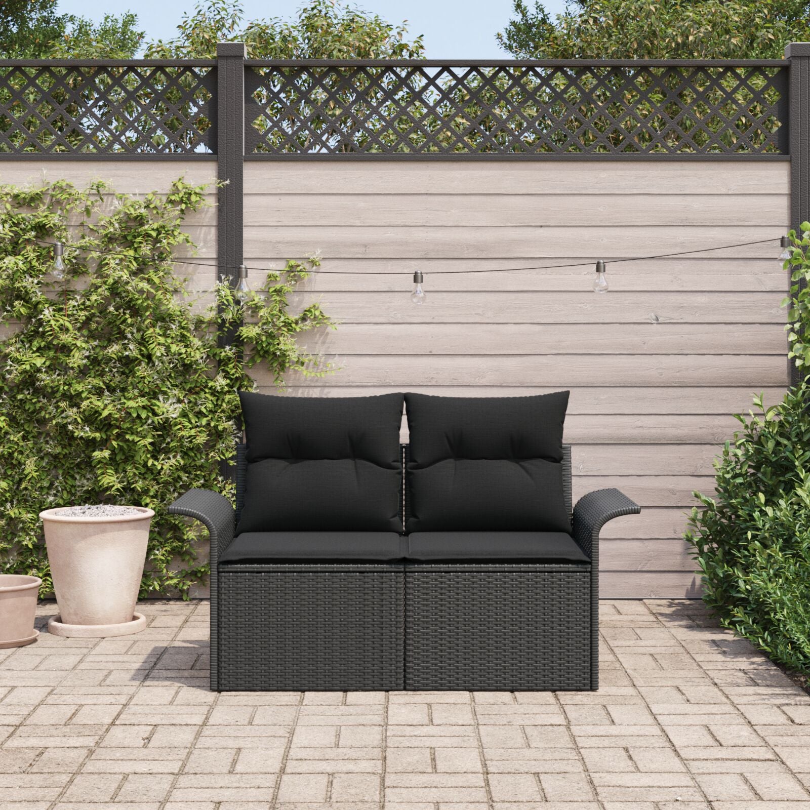 2-Zits Tuin Sofa & Kussens Poly Rattan Zwart met opslag