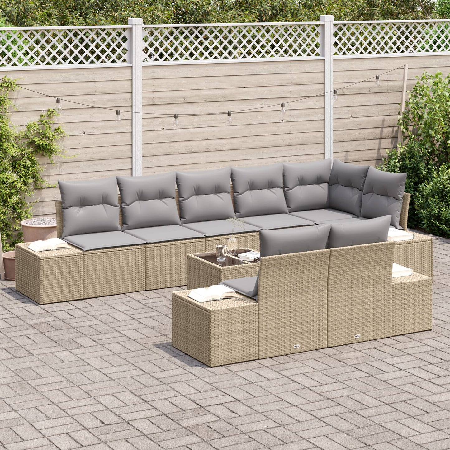 9-Delige Tuin Sofa Set Met Kussens Zwart Poly Rattan Beige en grijs met tafeltje