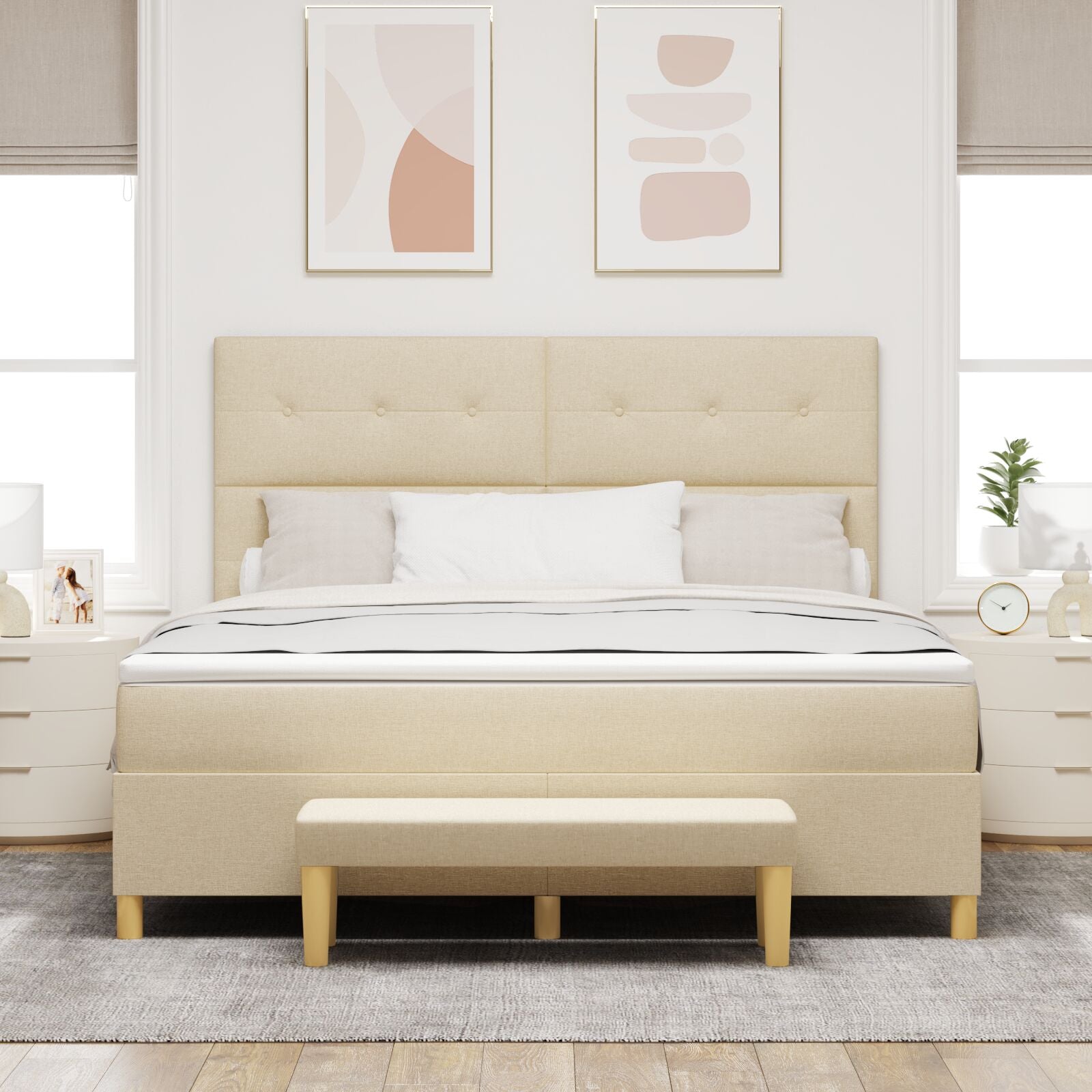 Boxspringbed Met Matras & Bank Stof Crème 180 x 200 cm Knoop tufted
