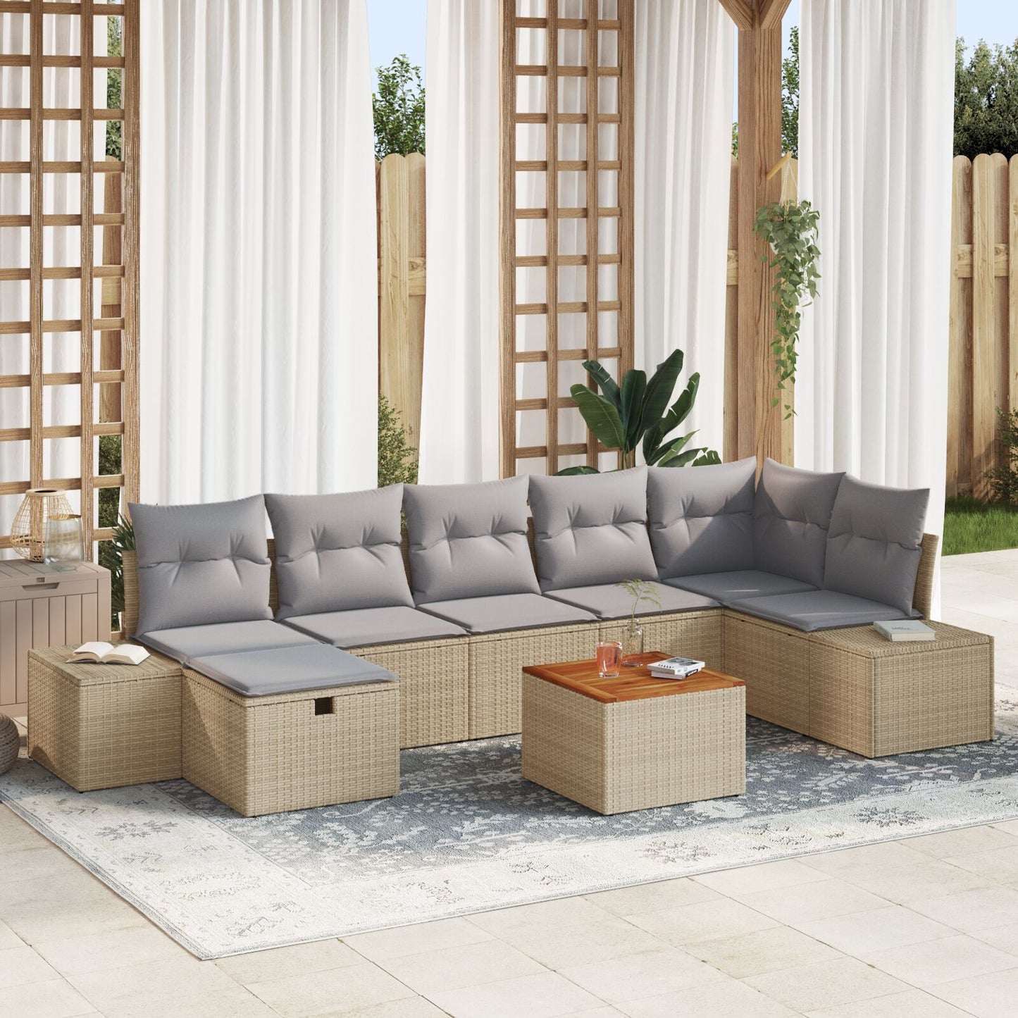 8-Delige Tuinbankset Met Kussens Beige Poly Rattan