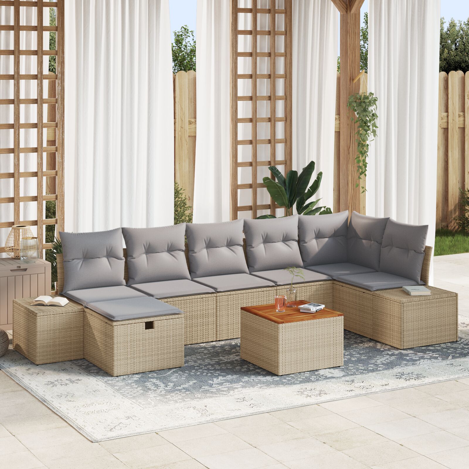 8-Delige Tuinbankset Met Kussens Beige Poly Rattan