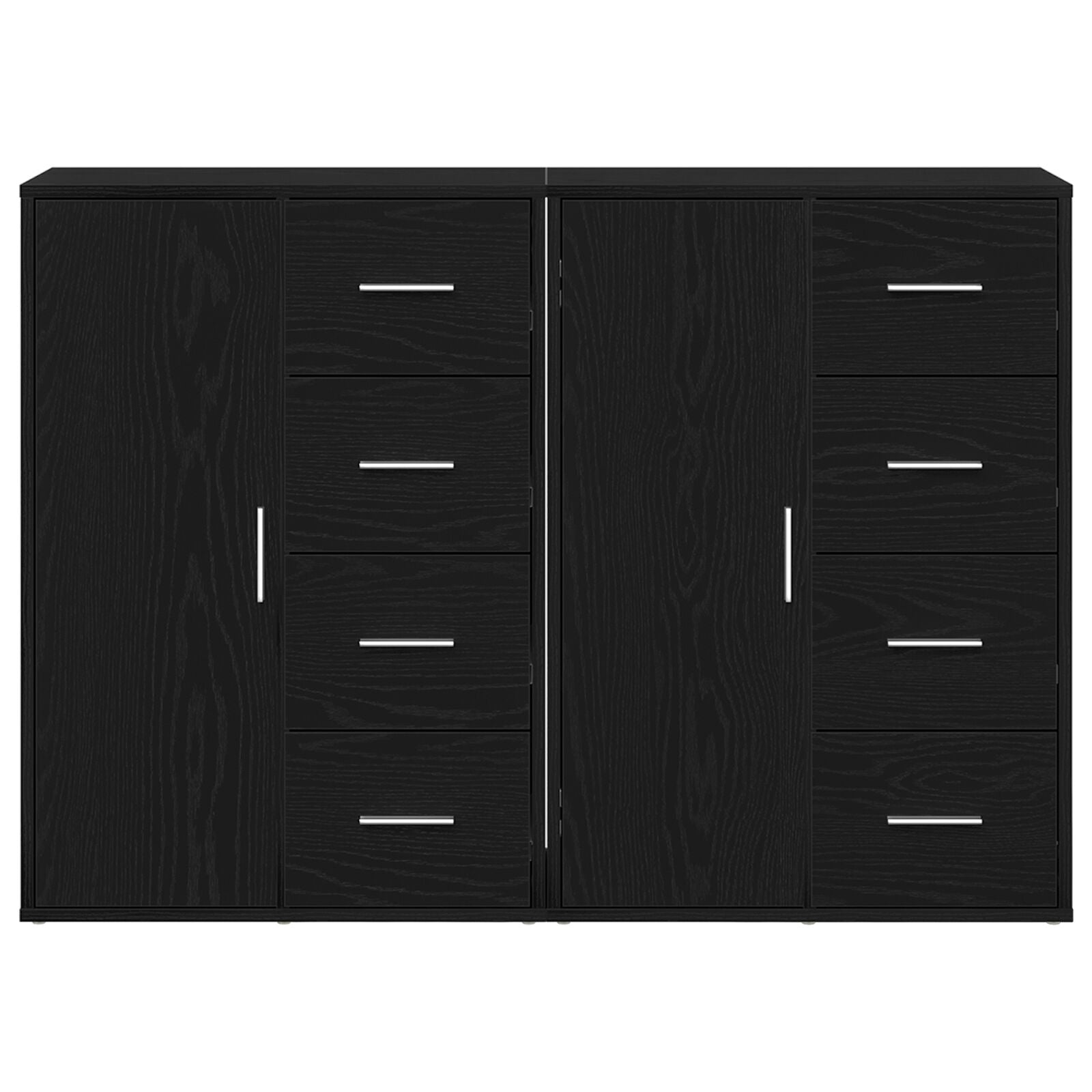 Sideboard Set Van 2 Zwart Eiken Hout, Metalen Handvatten