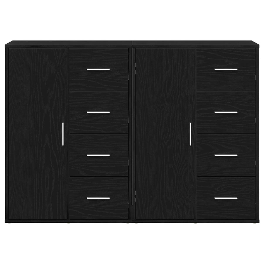 Sideboard Set Van 2 Zwart Eiken Hout, Metalen Handvatten
