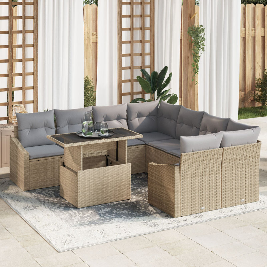Tuin Sofa Set 9 Stukken Licht Bruin En Grijs Riet En Stof