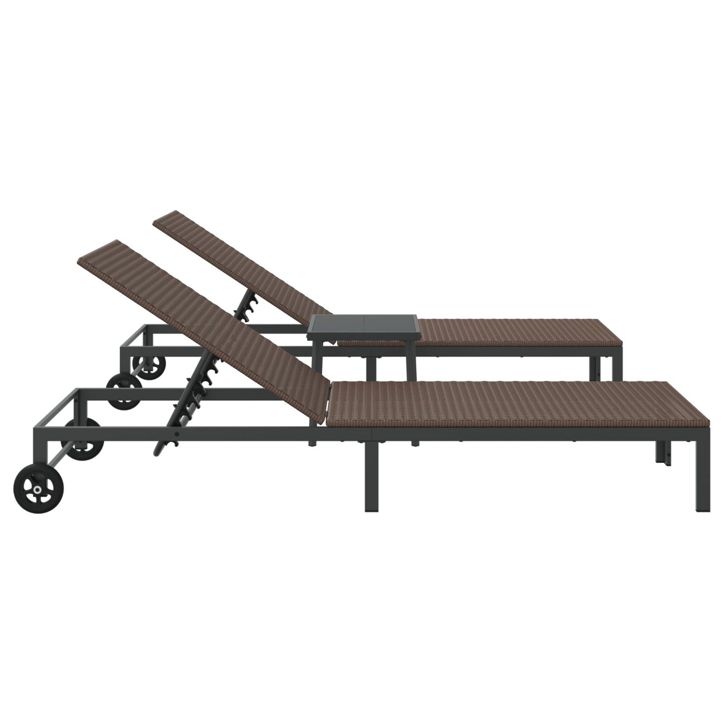 Ligbedden 2 Stuks Met Wielen En Tafel Poly Rattan Bruin
