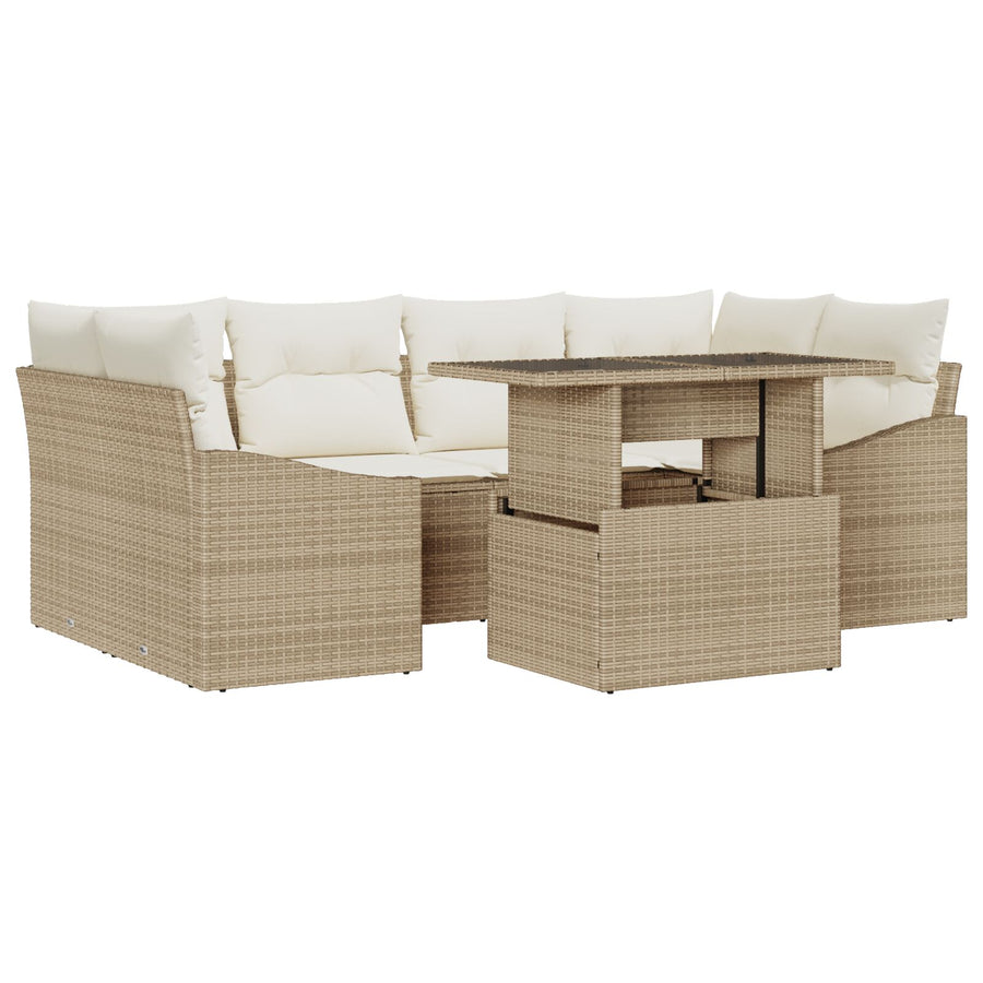 7 Delige Tuin Sofa Set Met Kussens Beige Poly Rattan