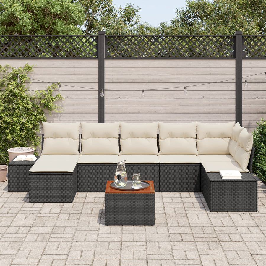 Tuinbankset Set Van 8 Zwart En Crème Rattan En Stof Buitenbank