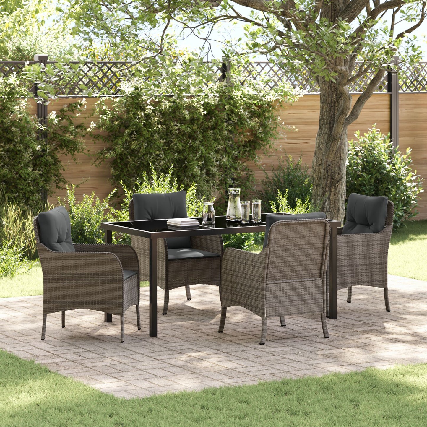 5-Delige Tuindinerset Met Kussens Grijs Poly Rattan