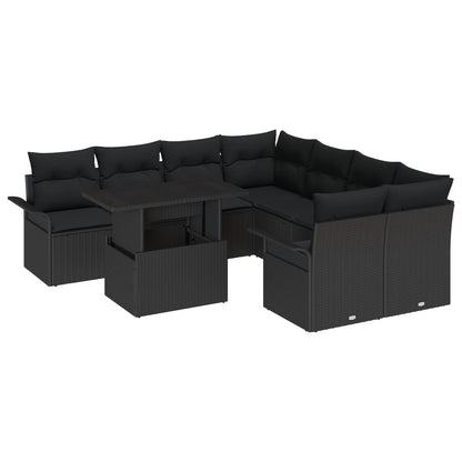9-Delige Tuinbankset Met Kussens Zwart Poly Rattan