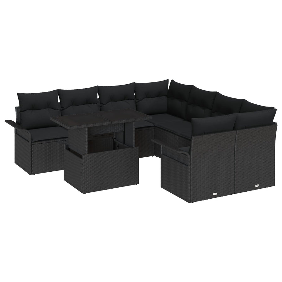 9-Delige Tuinbankset Met Kussens Zwart Poly Rattan