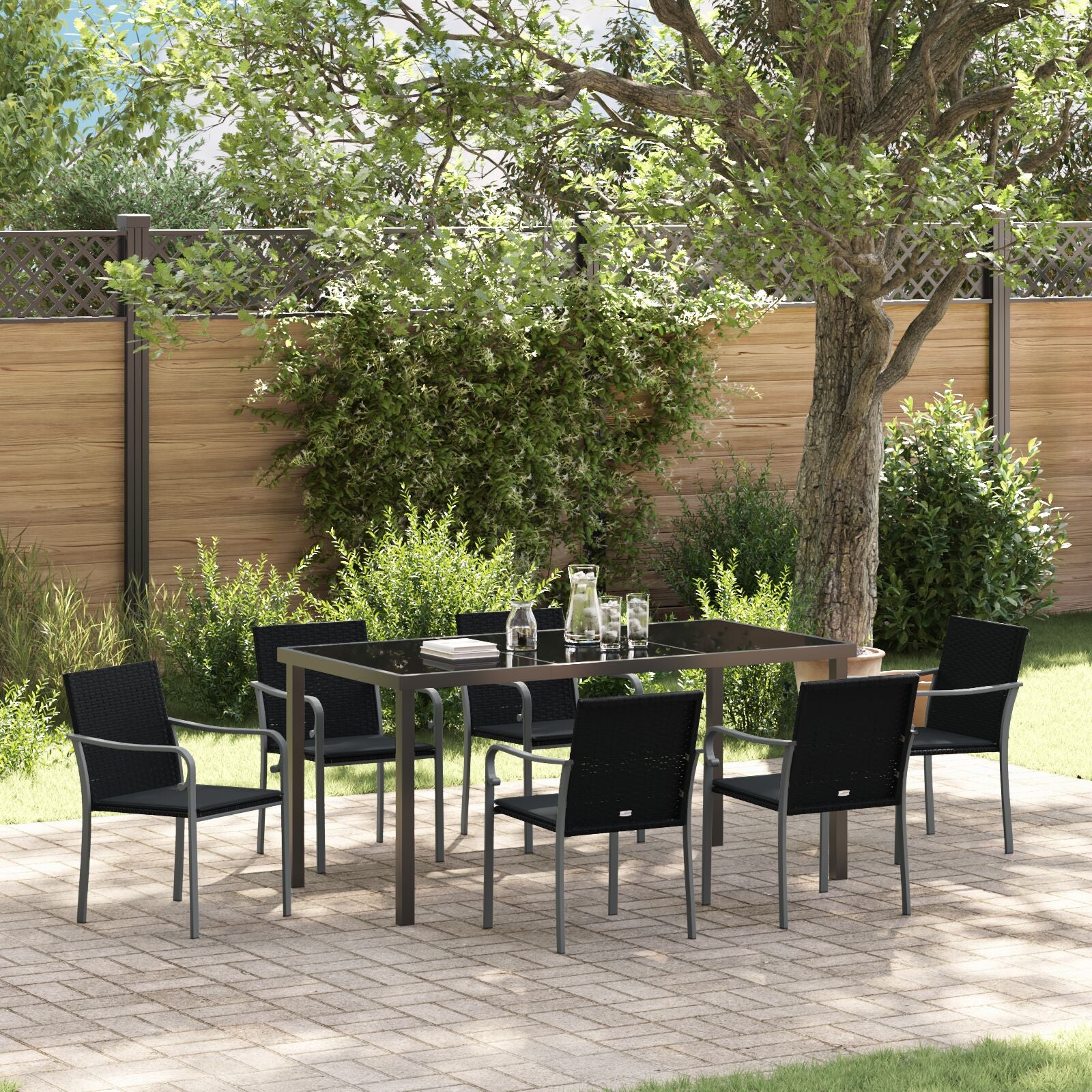 7-Delige Tuinset Met Kussens Poly Rattan 6-Zitplaats Zwart 160 cm