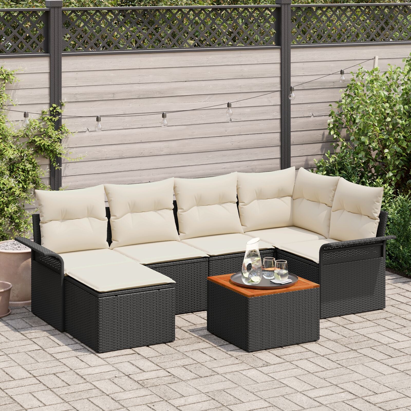7-Delig Tuin Sofa Set Met Kussens Zwart Poly Rattan Acacia