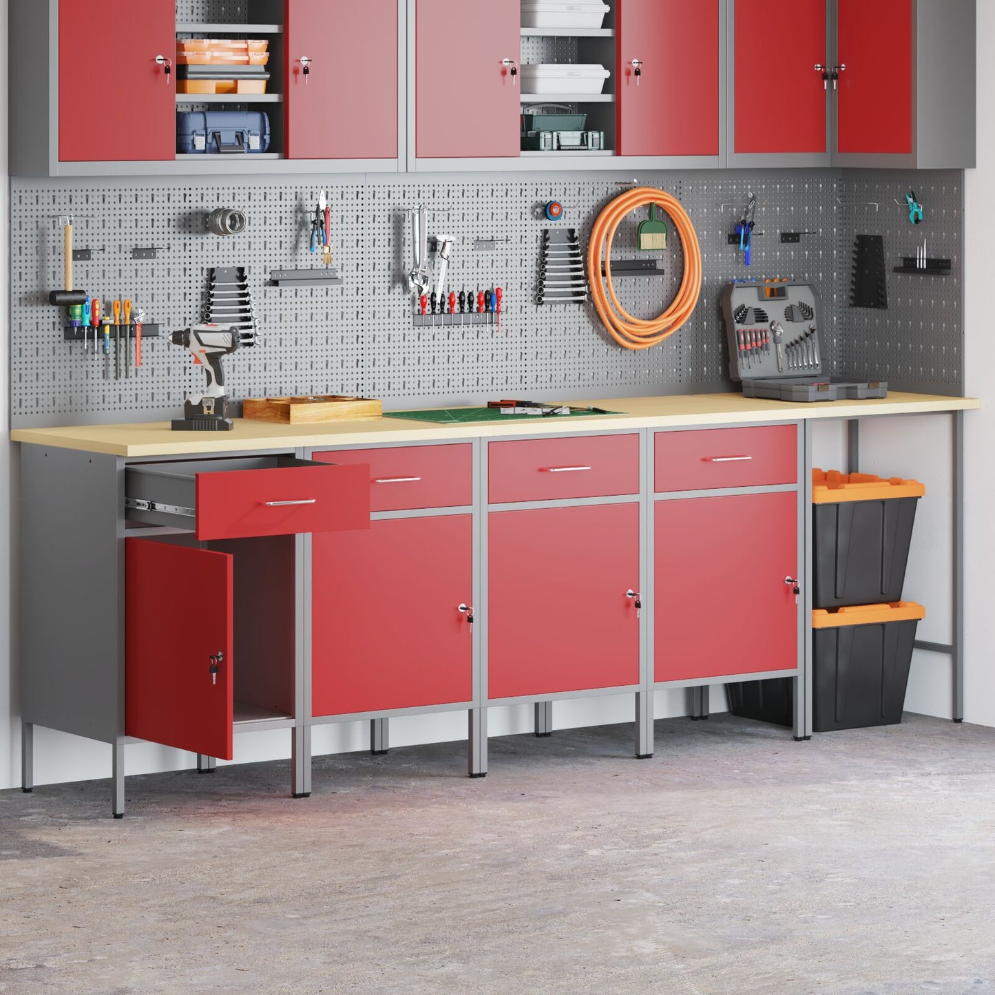 5-Delige Werkcabinet En Hoektafelset Gelaagd Hout 4x (84 cm) Rood Tafel + 4x kast