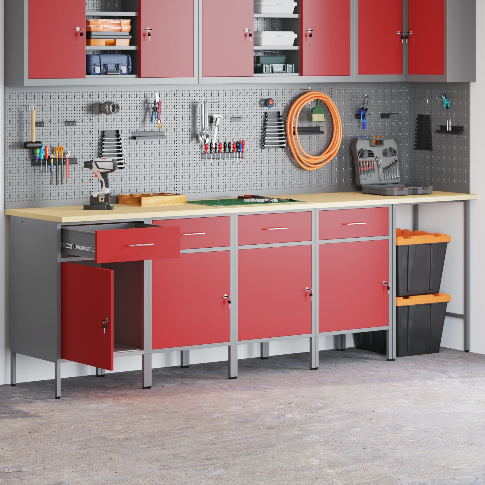 5-Delige Werkcabinet En Hoektafelset Gelaagd Hout 4x (84 cm) Rood Tafel + 4x kast