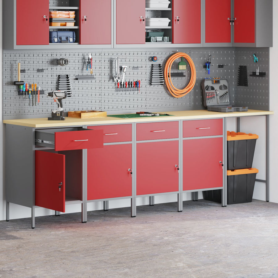 5-Delige Werkcabinet En Hoektafelset Gelaagd Hout 4x (84 cm) Rood Tafel + 4x kast