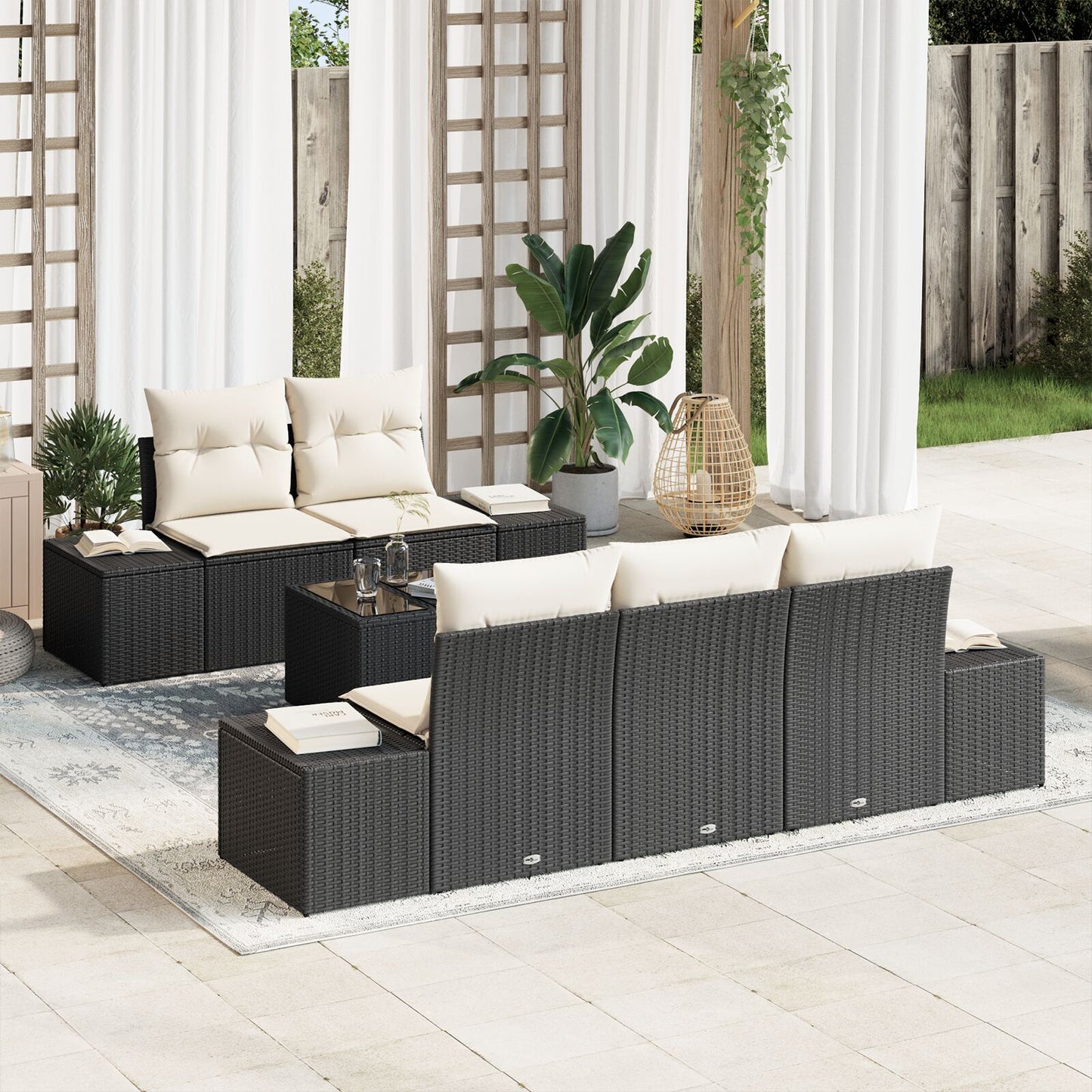6-Delige Tuinbankset Met Kussens Zwart Poly Rattan