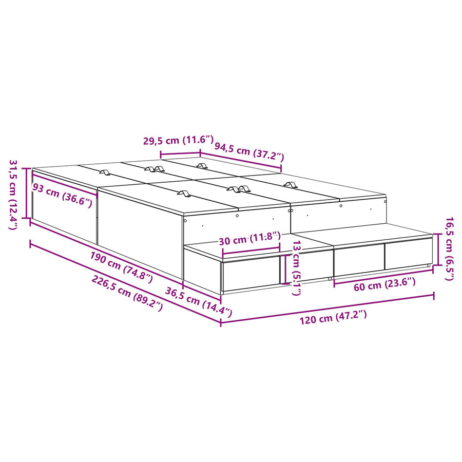 Opbergbedframe Beton Grijs Bewerkt Hout 120 X 190 Cm Artisanaal Eiken