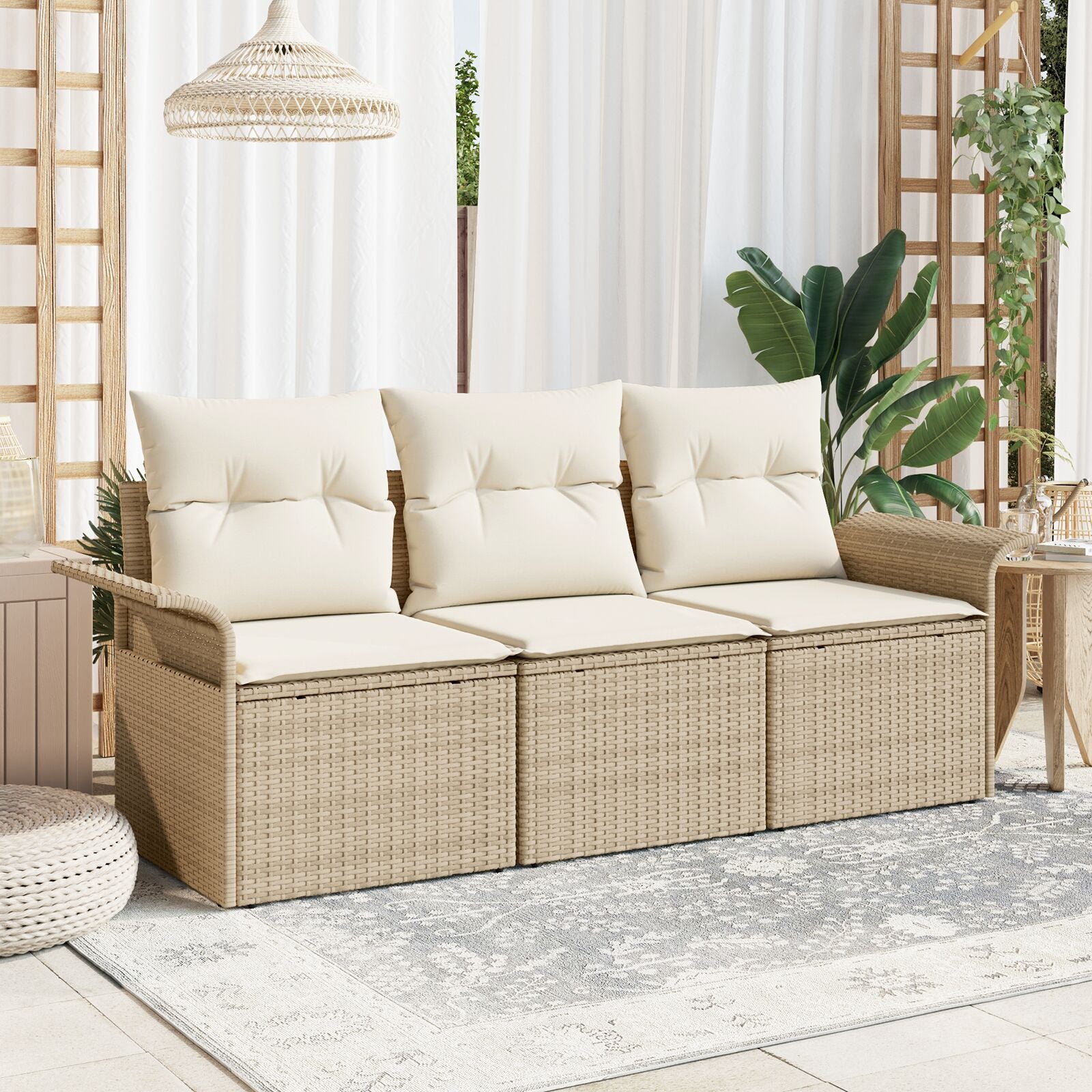3-Delige Tuin Sofa Set Met Kussens Beige Poly Rattan, 2-Persoons Tuin Sofa Met Opbergruimte & Kussens Beige Poly Rattan Gegalvaniseerd Staal