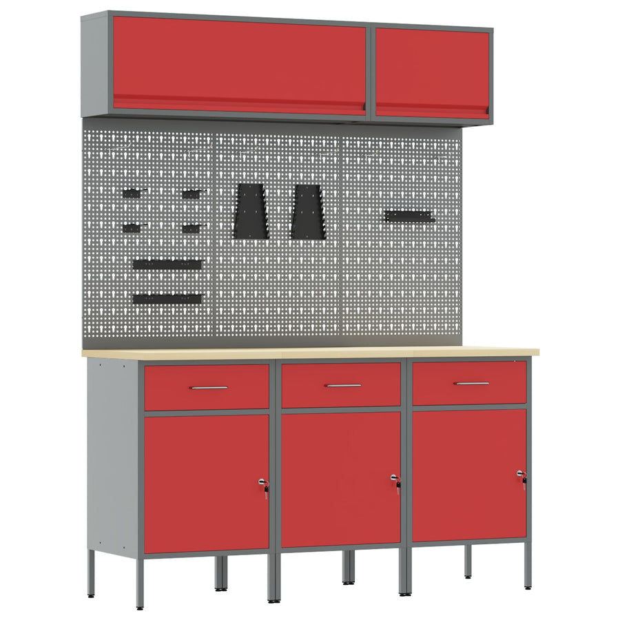 8-Delige Werkbankset Staal 3x (84 cm) Rood 3x kast + 3x pegboard + 2x kast met deur