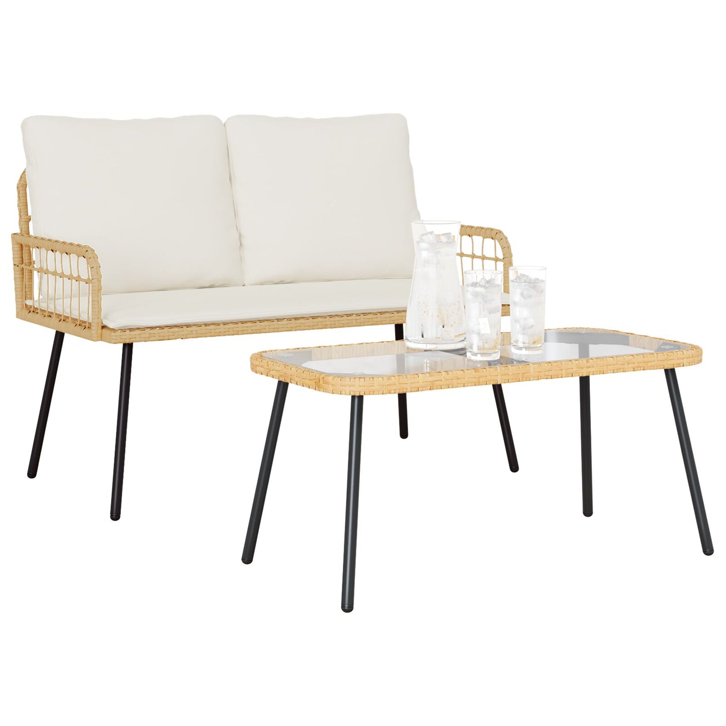 2-Delige Tuin Eettafel Set Met Kussens Poly Rattan Natuurlijk