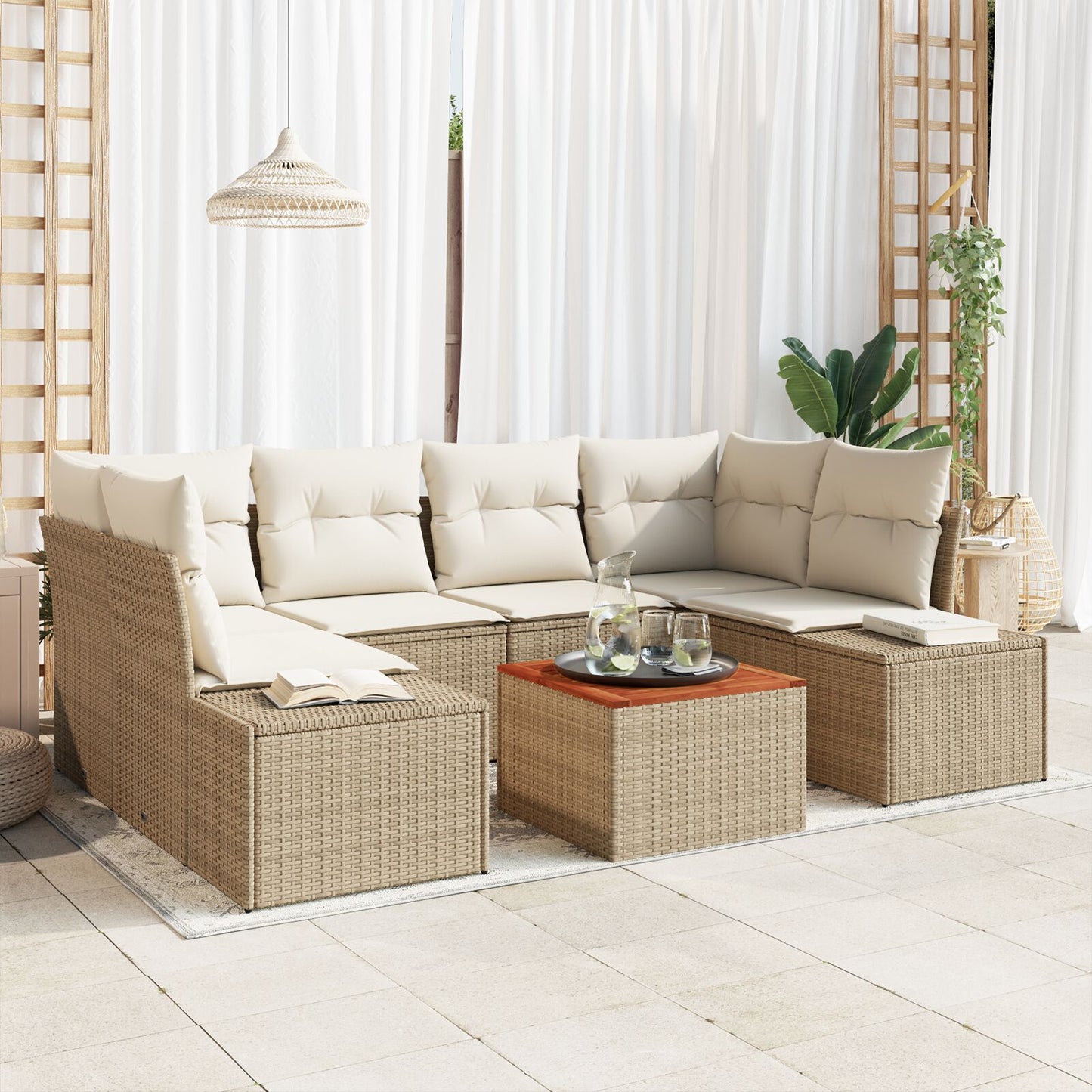 Tuinbankset 7 Delig Beige Poly Rattan Buitenbankset Hedendaags