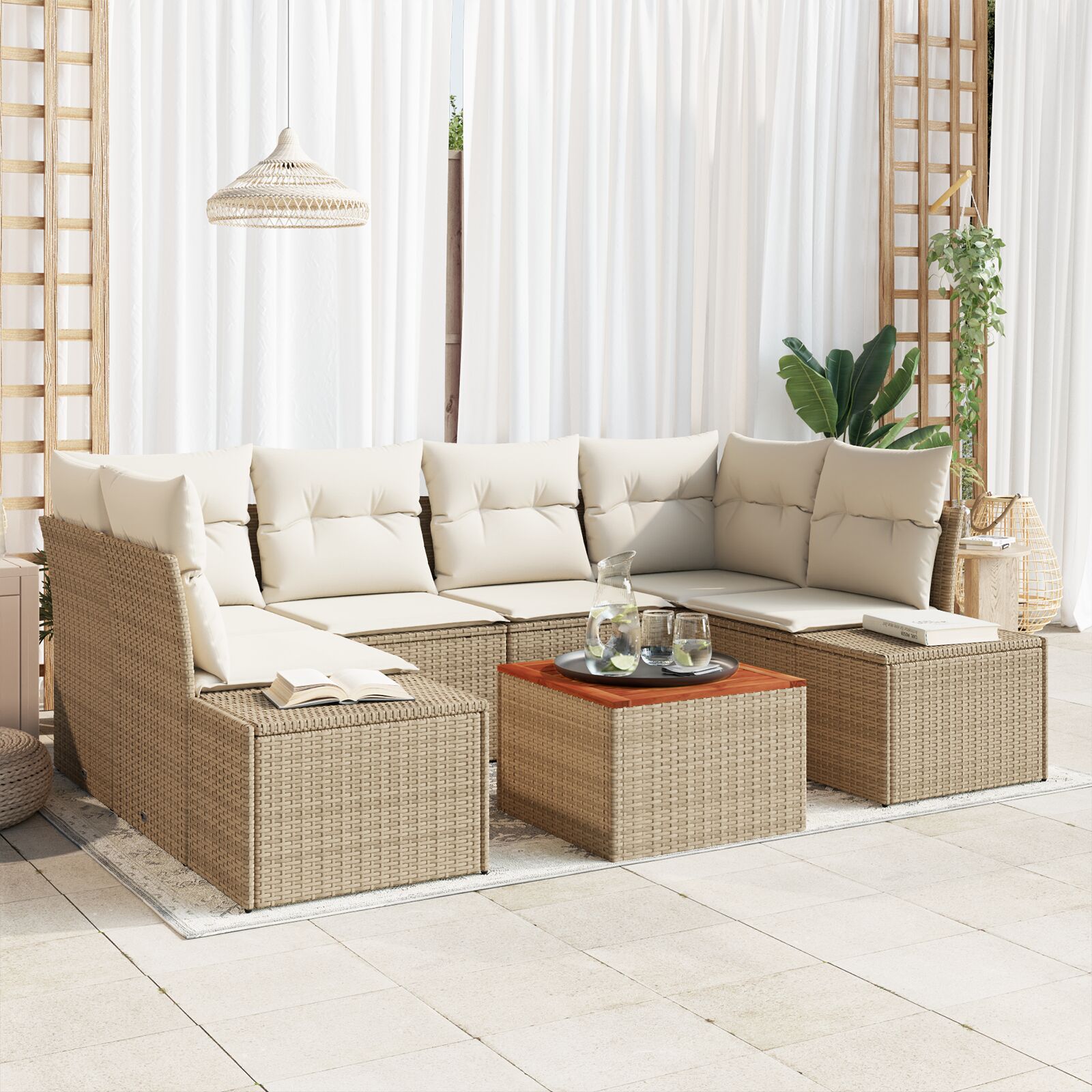 Tuinbankset 7 Delig Beige Poly Rattan Buitenbankset Hedendaags