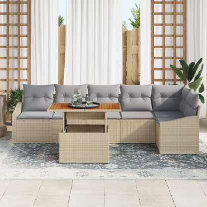 7-Delige Tuin Eetset Met Kussens Beige Poly Rattan Acacia