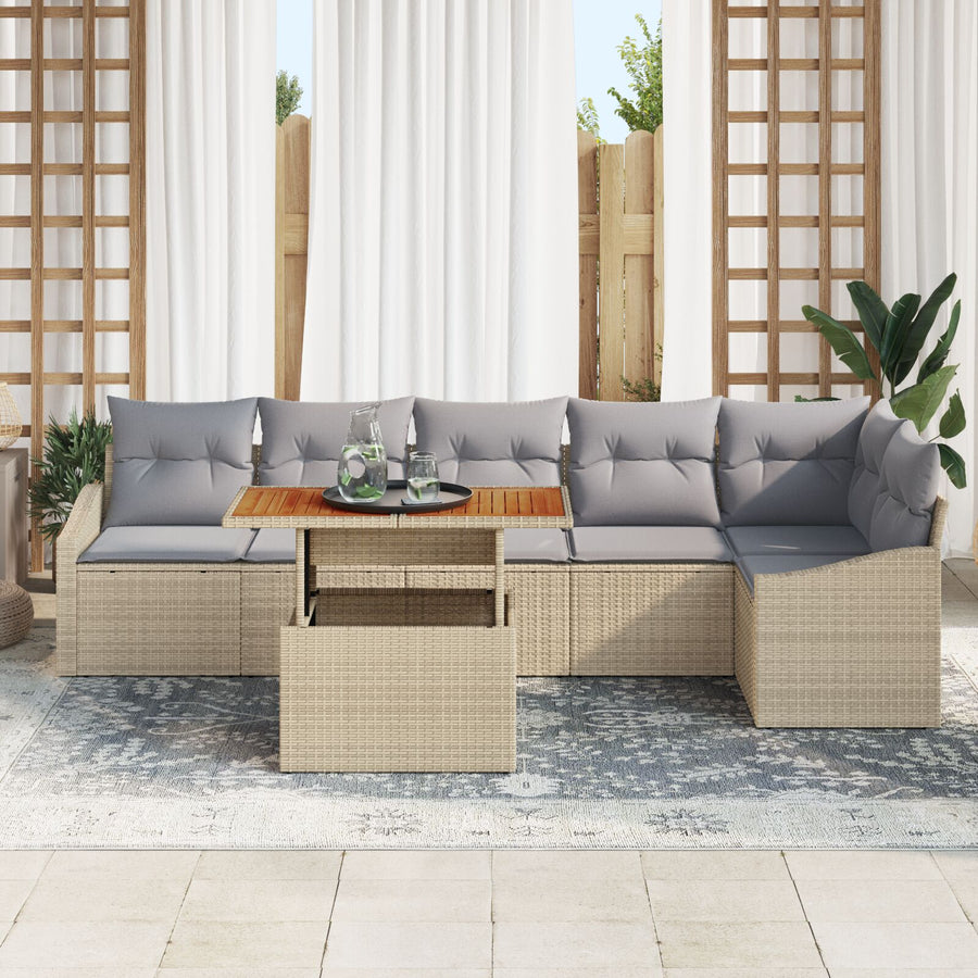 7-Delige Tuin Eetset Met Kussens Beige Poly Rattan Acacia