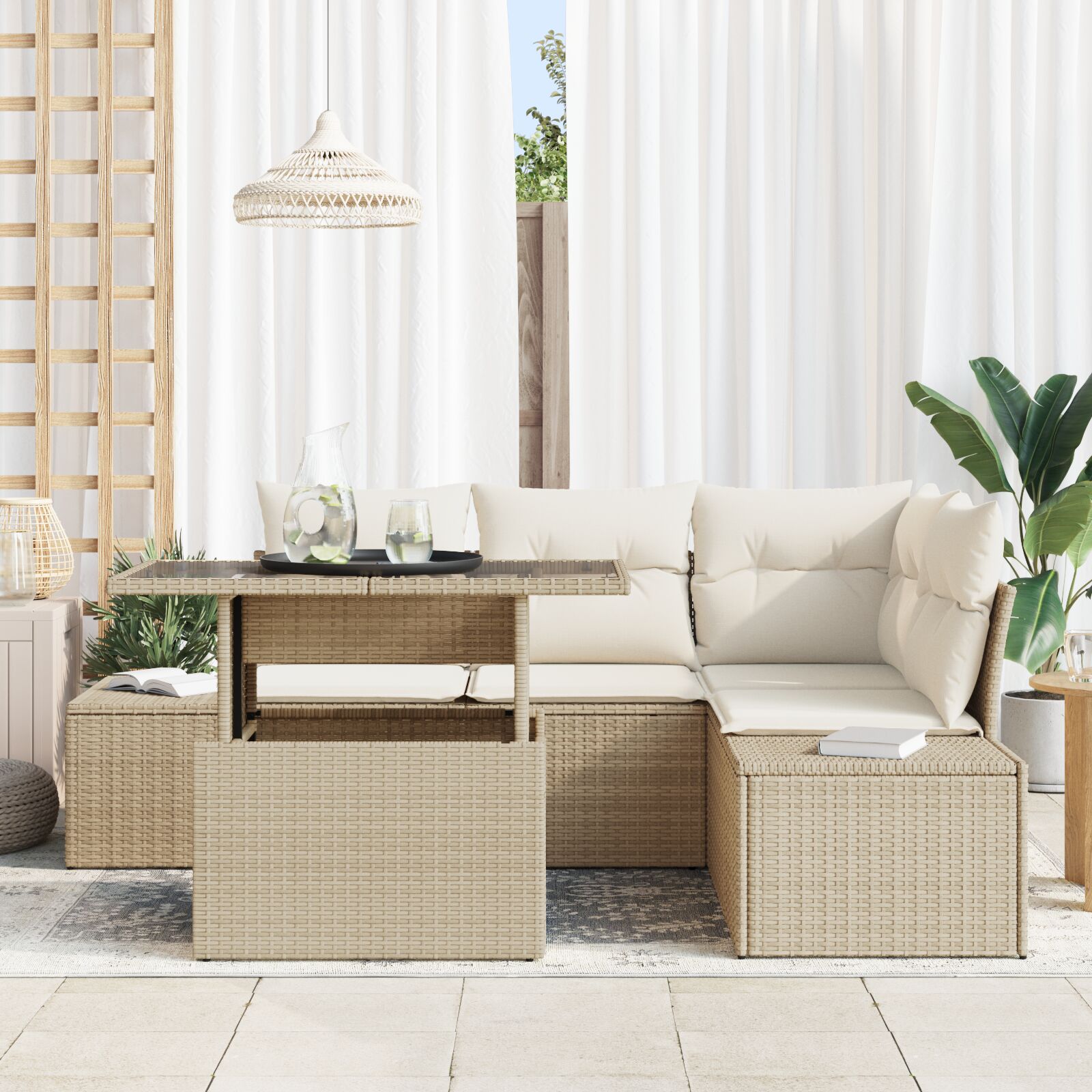 5-Delige Tuin Sofa Set Met Kussens Beige Poly Rattan
