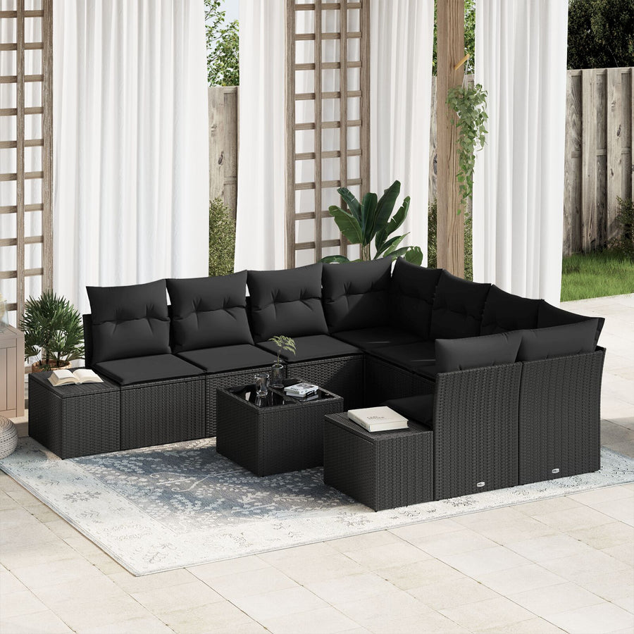 9-Delig Tuinbankstel Met Kussens Zwart Poly Rattan