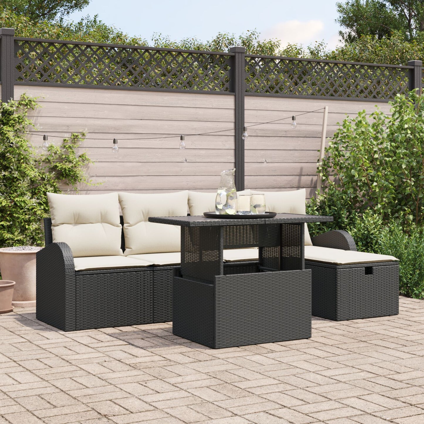 6-Delige Tuin Sofaset Met Kussens Zwart Poly Rattan