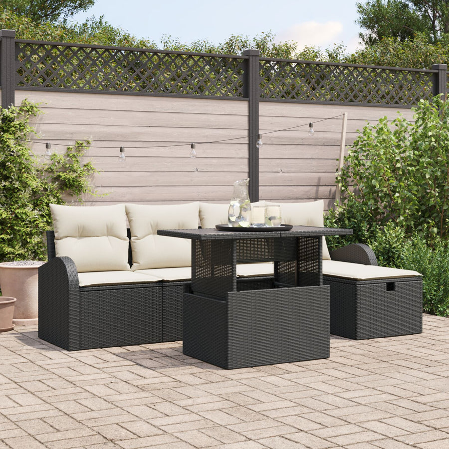 6-Delige Tuin Sofaset Met Kussens Zwart Poly Rattan