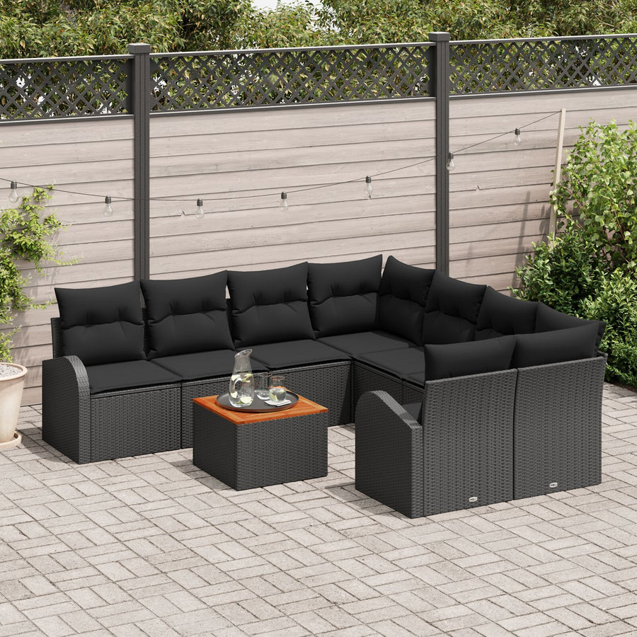 9-Delige Tuin Sofa Set Met Kussens Zwart Poly Rattan Acacia