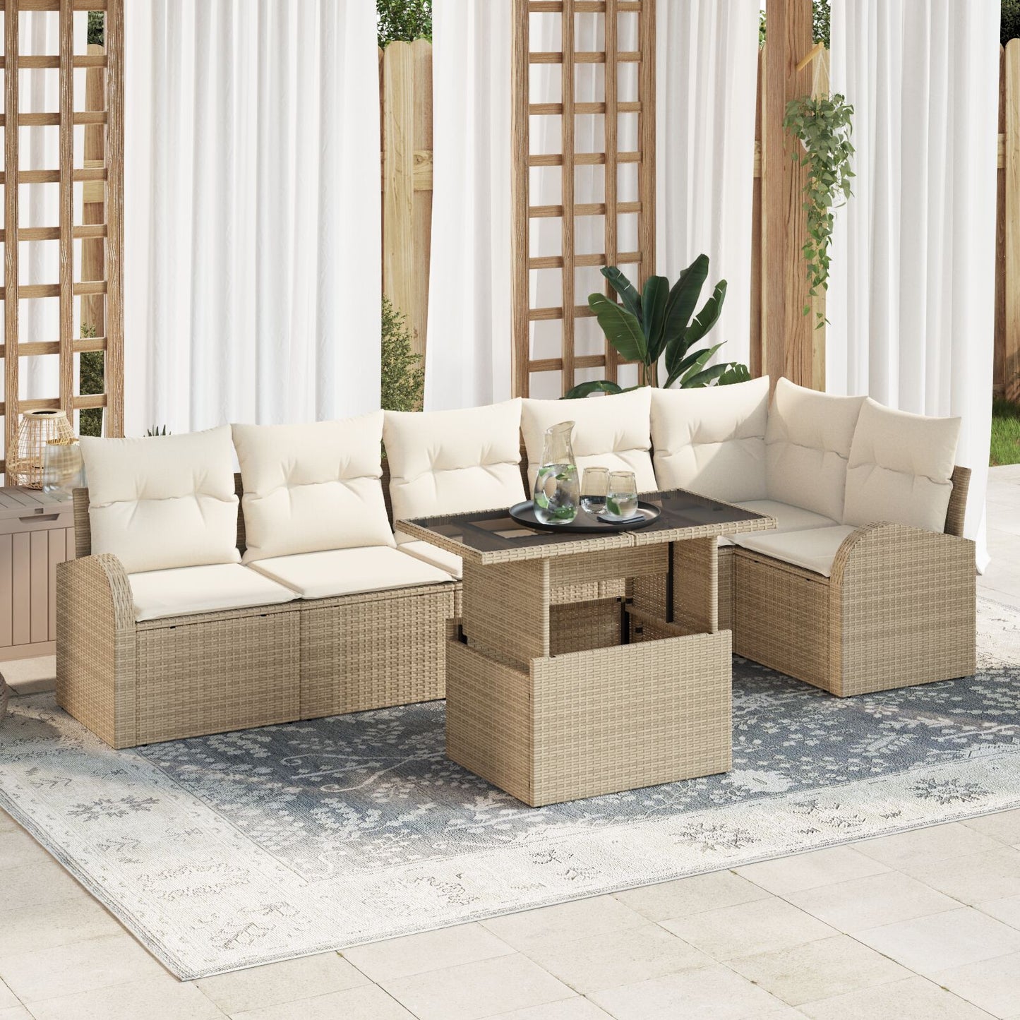 7-Delige Tuin Sofa Set Met Kussens Beige Poly Riet